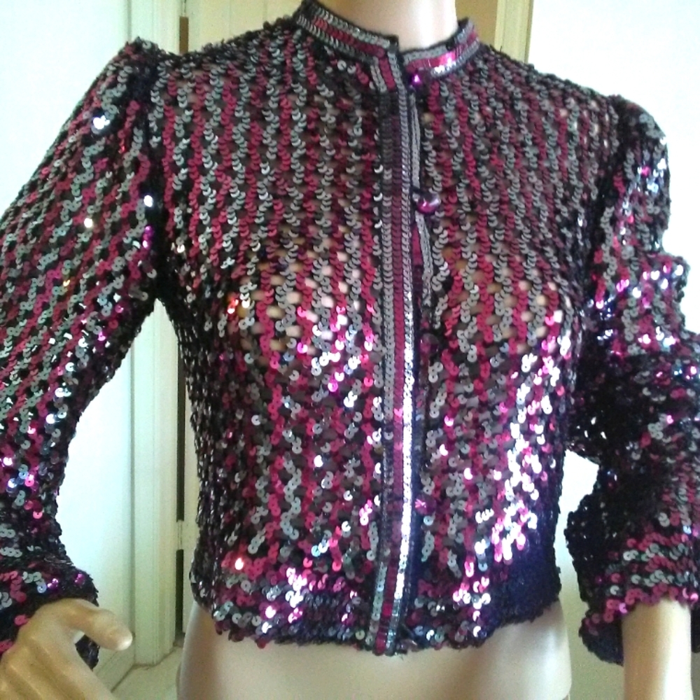 VINTAGE SEQUINED CROP JACKET SHEER UNIQUE BUTTONS BY HARRY ACTION QUILTED BEAUTY - Picture 10 of 11